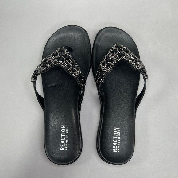 Kenneth Cole Glam-Athon Sandals Women's Size 9.5 Black Leather Beaded Flip Flops - Picture 6 of 8